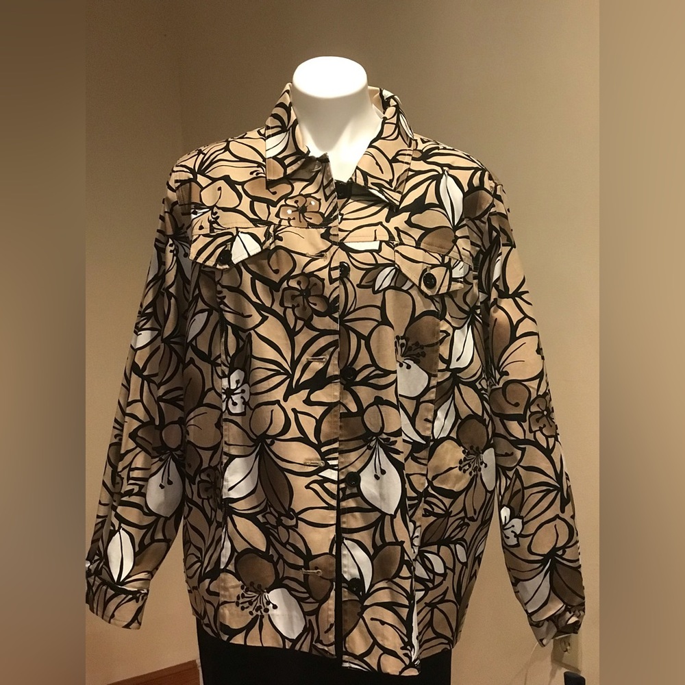 Alfred Dunner brown white black collared button-down jacket floral design SZ.16w